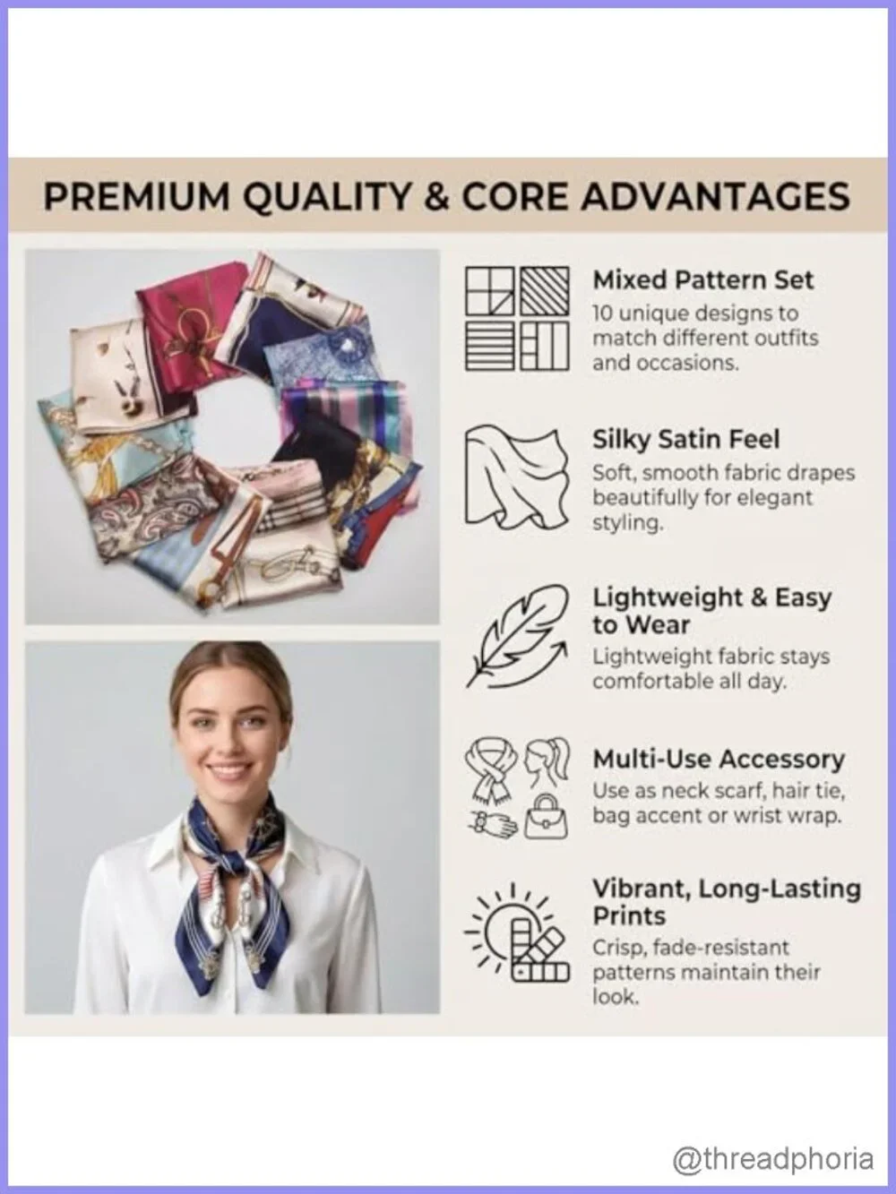 10 Pack Satin Square Scarves, 19.7in Silk Feel Neck & Hair Scarf